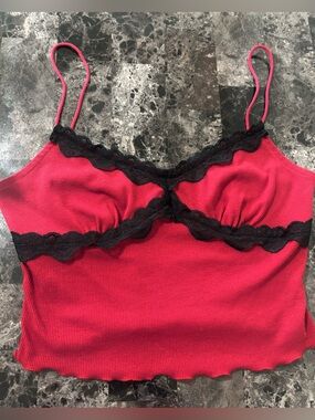 Red Ribbed Lace-Trim Cami